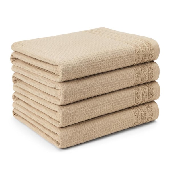 TOWN & COUNTRY LIVING Small Waffle Woven Terry Stripe 30 in. x 56 in. Taupe Cotton 4-Pack Bath Towel Set
