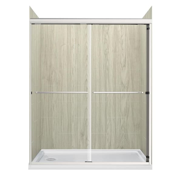 CRAFT + MAIN Cove Sliding 60 in. L x 32 in. W x 78 in. H Left Drain Alcove Shower Stall Kit in Driftwood and Brushed Nickel Hardware