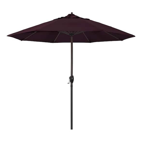 California Umbrella 9 ft. Bronze Aluminum Market Patio Umbrella Auto Tilt Crank Lift in Purple Pacifica