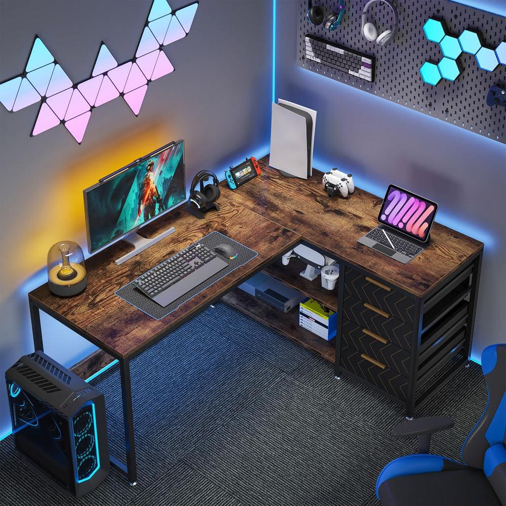 Brown L-Shaped Computer Desk with Drawers and Shelves
