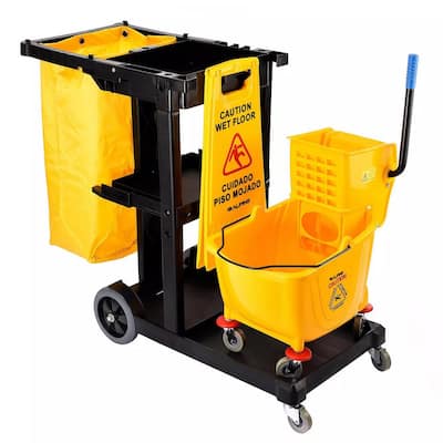 Yellow ABS Plastic Janitorial Cleaning Cart with Mop Bucket Combo and Caution Wet Floor Sign