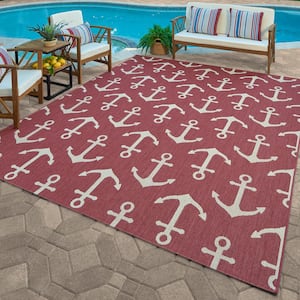 Paseo Maritime Anchors Red/Grain 9 ft. x 13 ft. Indoor/Outdoor Area Rug