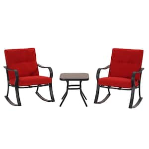 3-Piece Metal UV Resistant Rocking Outdoor Bistro Set with Red Cushions with Chic Design