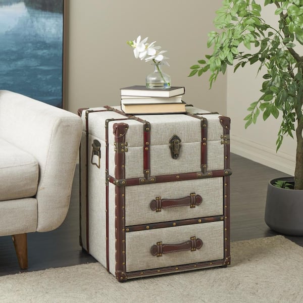 Litton Lane Cream Wooden Vintage Style Storage 2-Drawer Trunk with Studs and Brown Faux Leather Accents 23 in. x 19 in. x 19 in.