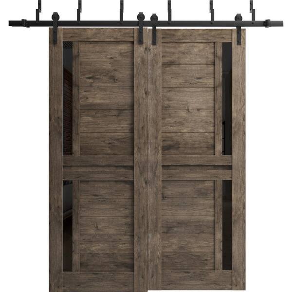Sartodoors 56 in. x 80 in. 2 Panel Frosted Glass Cognac Oak Solid Wood Sliding Barn Door with Hardware Kit