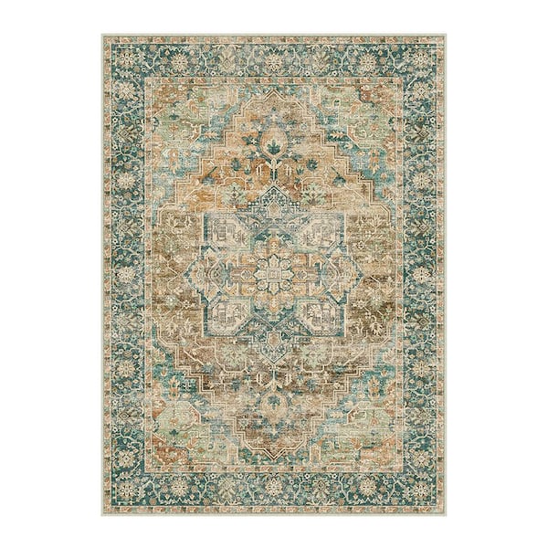 Hamadan Brown/Blue 9 ft. x 12 ft. Vintage Washable Medallion Distressed Area Rug