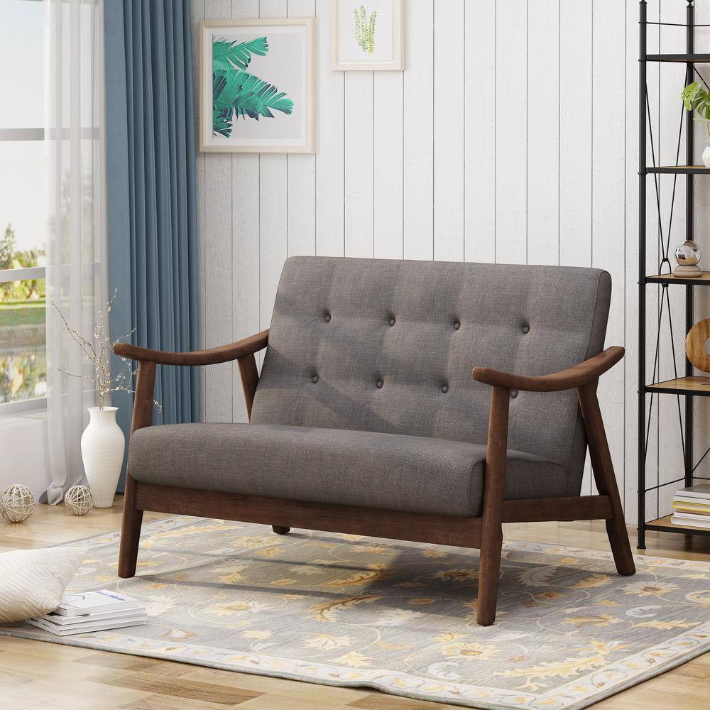 Dark Gray Tufted Fabric Settee with Wood Frame