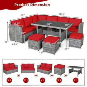 7-Piece Wicker Patio Conversation Set Outdoor Sectional Sofa Set with Red Cushions and Dining Table