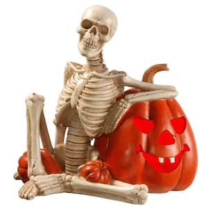 9 in. Lighted Skeleton and Pumpkin Halloween Decor