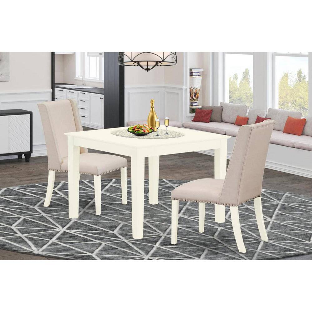 3-Piece Linen White Finish Rectangular Solid Wood Top Dining Table Set
