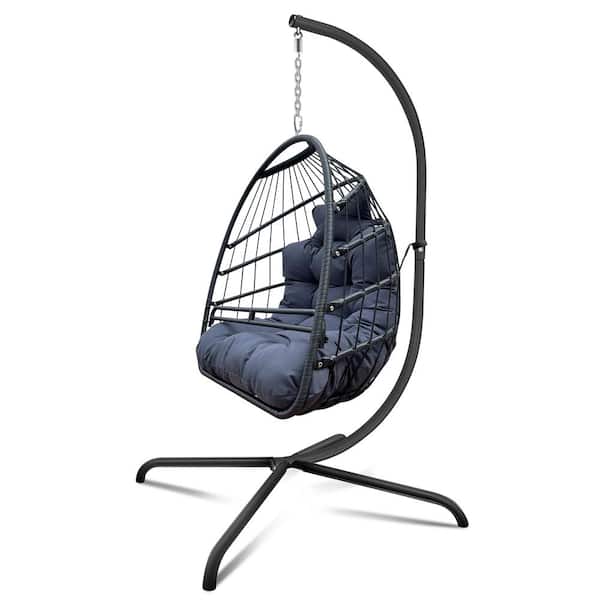 Flynama 38 in. 1-Person Black Outdoor Wicker Patio Swing Egg Chair with Stand Dark Gray Cushion, Patio Folding Hanging Chair