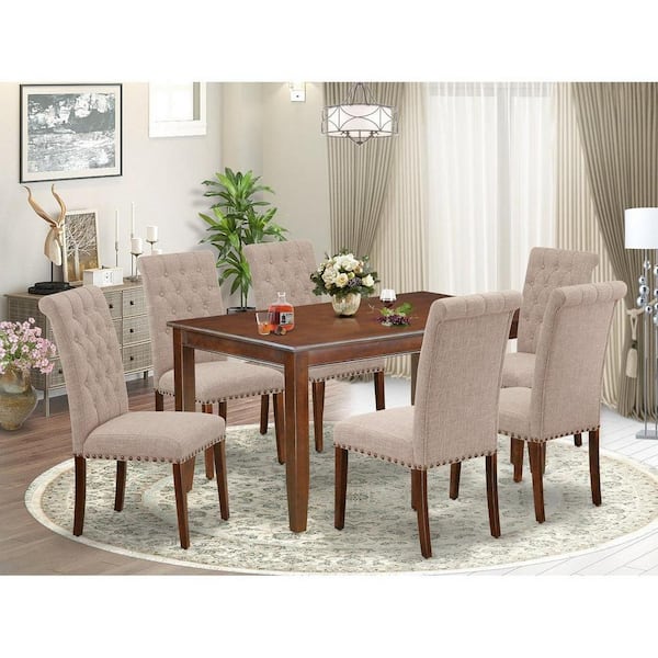 East West Furniture 7-Piece Rectangle Mahogany Finish Solid Wood Top Dining Table with 6-Parson Chairs with Lattice Back