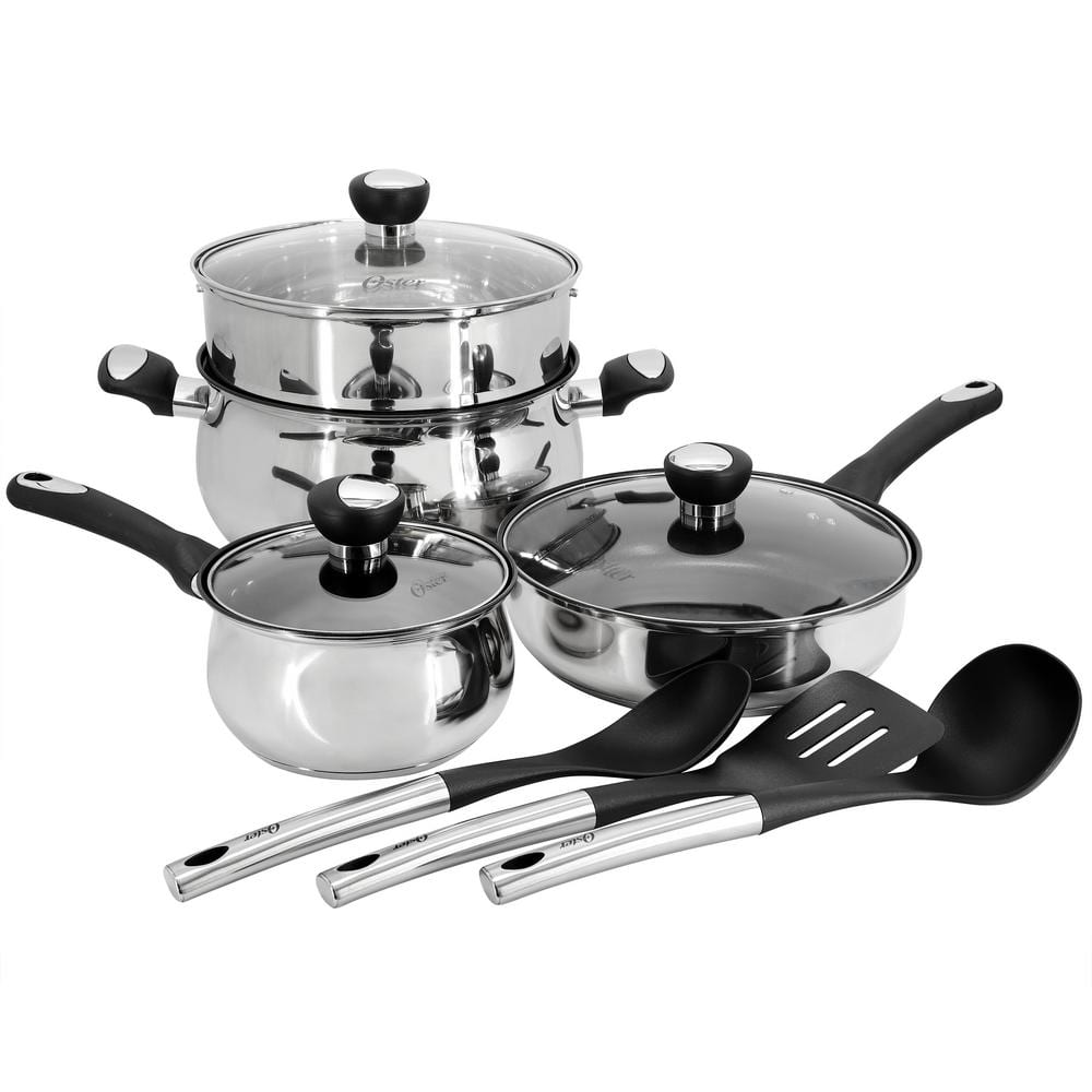 Oster Baldwyn 10-Piece Stainless Steel Belly-Shaped Nonstick Cookware and Utensil Set