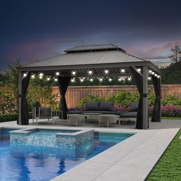 PURPLE LEAF 12 ft.x 16 ft.Light Gray Patio Outdoor Gazebo for Backyard Hardtop Aluminum Frame, Hooks, Curtain, Netting and 24-Lights
