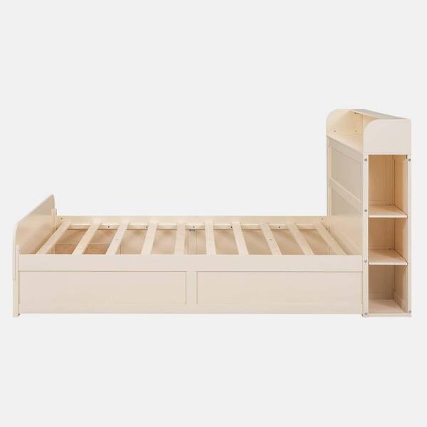 wetiny Cream White Wood Frame King Size Platform Bed with