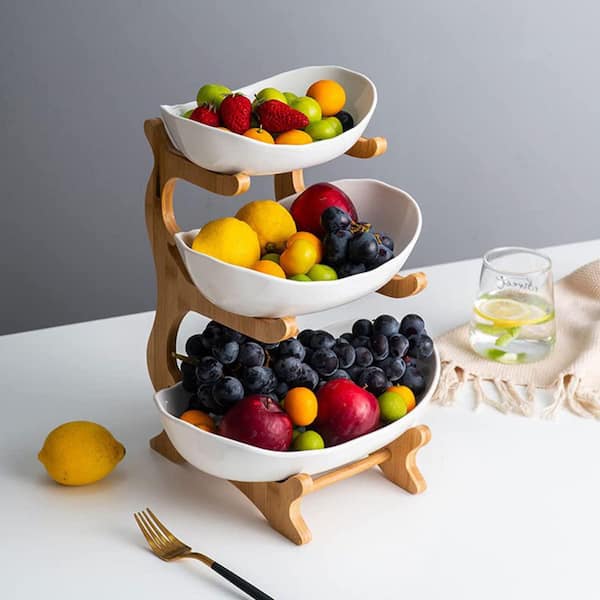 White Bamboo Wood 3-Tier Ceramic Fruit Bowl for Kitchen Counter Porcelain Fruit Basket for Vegetable Storage Snack