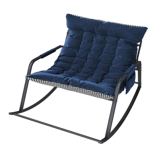 Metal Outdoor Rocking Chair with Storage, Cushions & Armrests, Breathable Ergonomic Lounge Chair in Blue