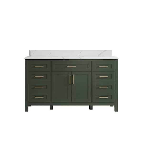 Willow Collections Cambridge 60 in. W x 22 in. D x 36 in. H Single Sink Bath Vanity in Pewter Green with Cove Edge Calacatta Quartz Top