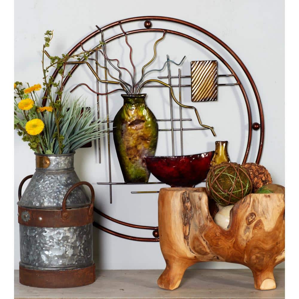 Industrial Multicolor Metal Wall Sculpture with Vase Details