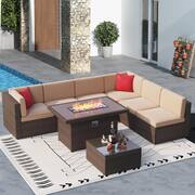 8-Piece Wicker Patio Set Conversation Set with 44 in. Fire Pit, Coffee Table, Brown Cushion