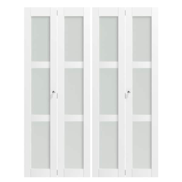 64 in x 80 in, 3 Lite, Frosted Glass, Solid Core, MDF, White, PVC Covering Bi-fold Door with All Hardware