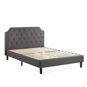 MAVN Upholstered Platform Bed with Modern Tufted Headboard, Wooden Slats and Legs, Dark Grey, Full