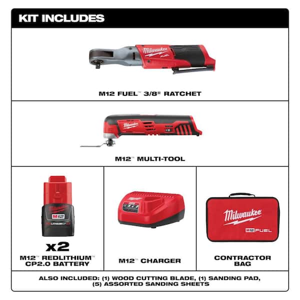 M12 FUEL 12V Lithium-Ion Brushless 3/8 in. Cordless Ratchet Kit with (2) 2. 0Ah Batteries, Charger, Bag & Multi-Tool