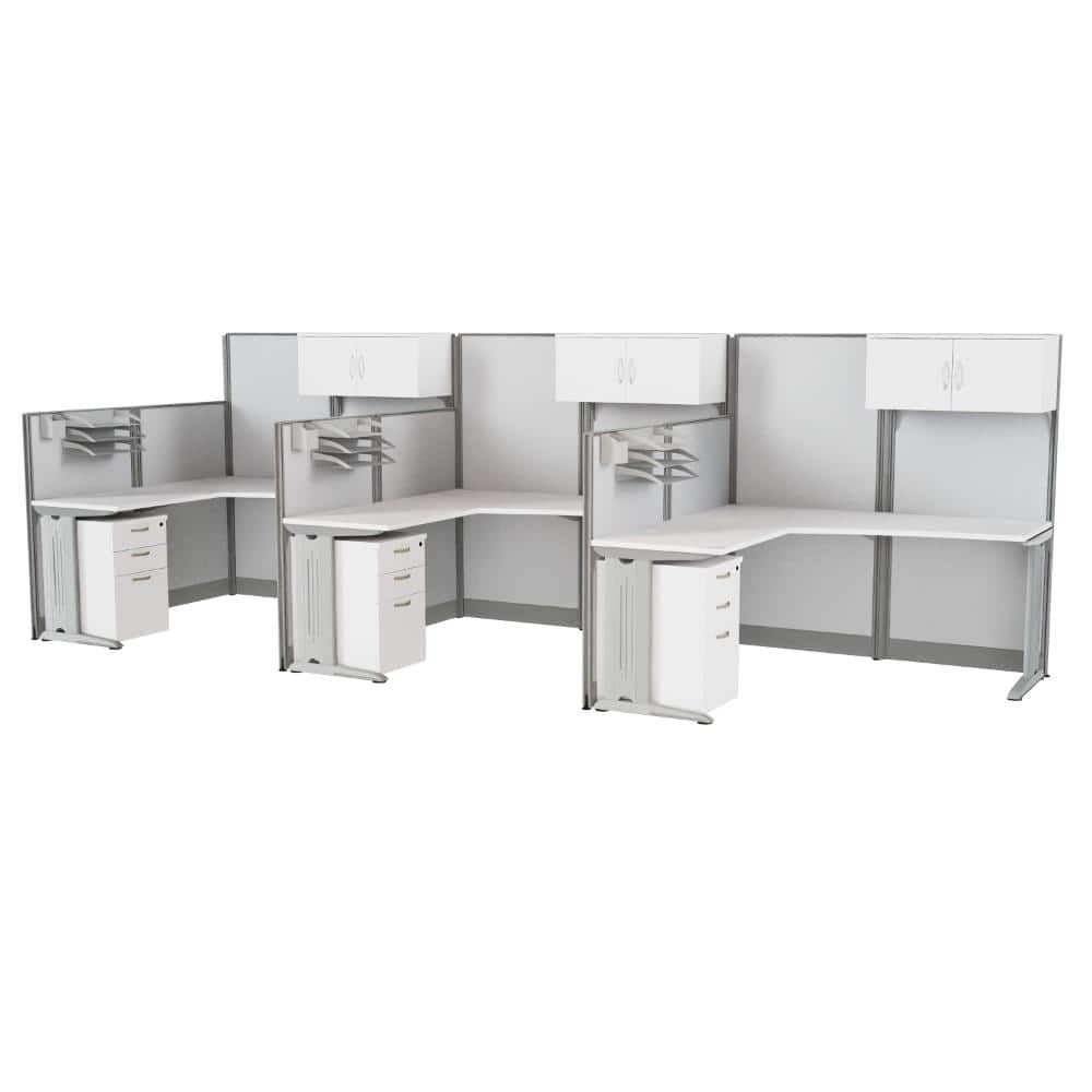 Instant Office 63"H x 193"W 3 Person L-Shaped Cubicle Panel Workstation w/ Storage, Pure White