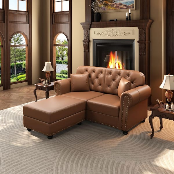Polibi 63 in. Rolled Arm Faux Leather Sofa in Brown with Nailhead