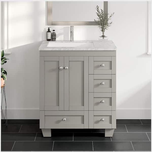 Eviva Happy 28 in. W x 18 in. D x 34 in. H Bathroom Vanity in Gray with White Carrara Marble Top with White Sink