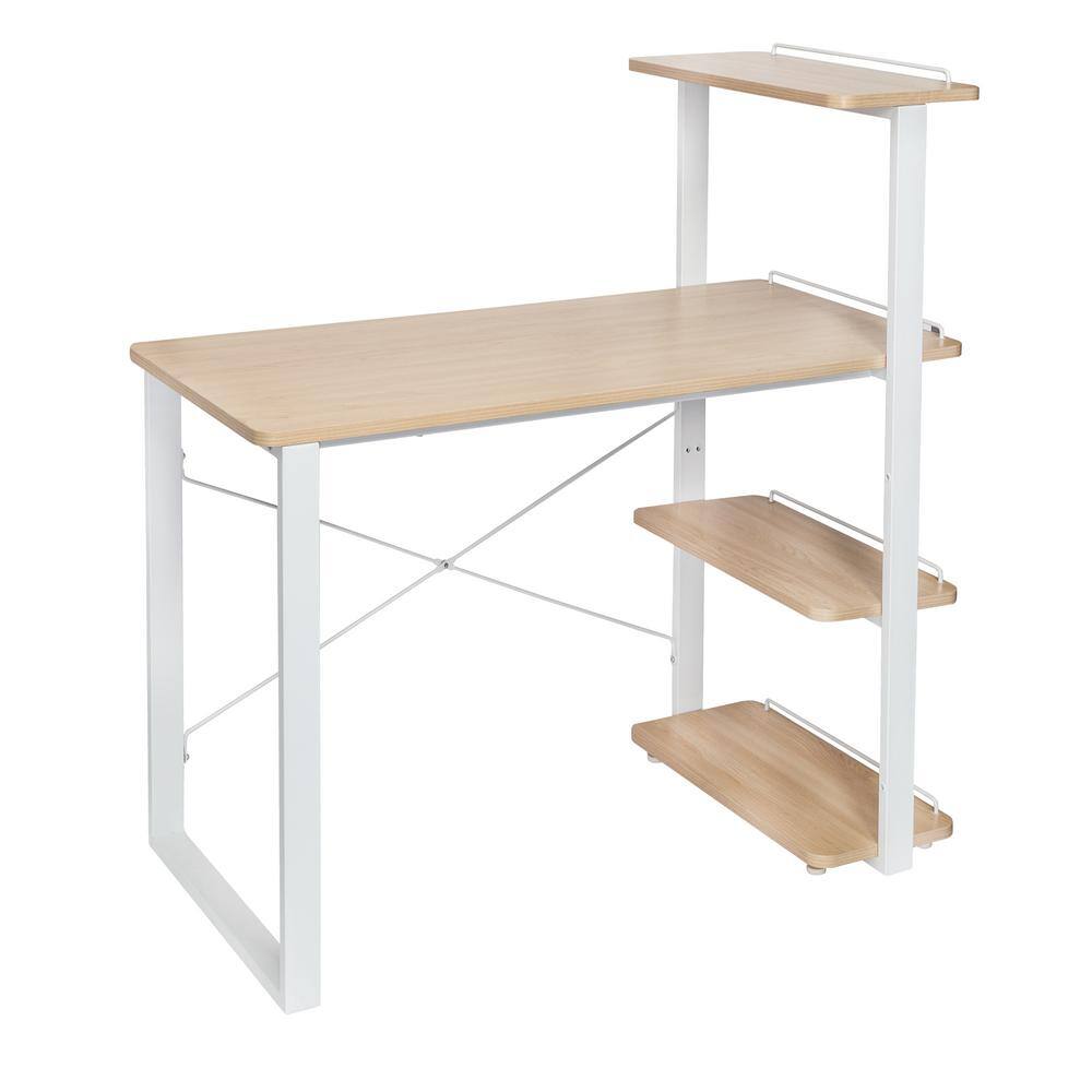 White Wood Home Office Desk with Adjustable Shelves