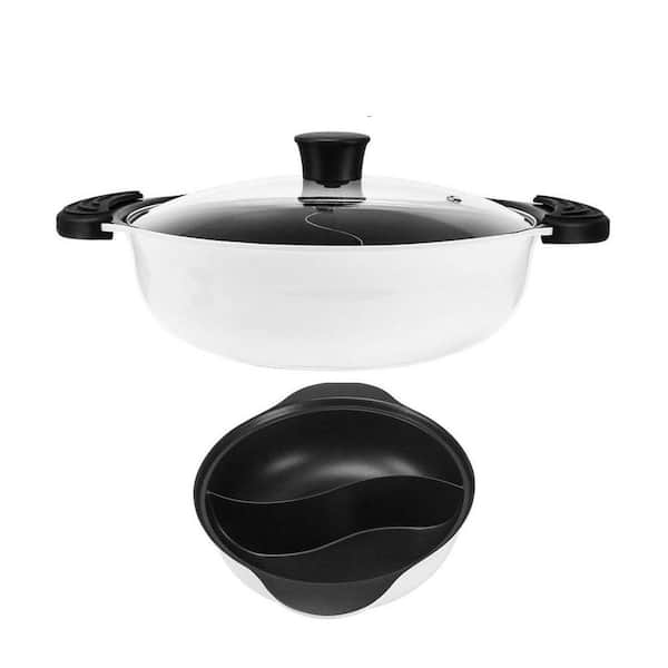 White Aluminum Alloy Dual Sided Hot Pot with Divider Induction Compatible Nonstick Two Flavor Soup Cookware 1-Piece