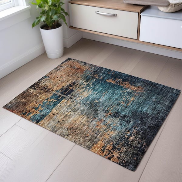 Mayfield Premium Machine Washable Abstract AMF1206 Teal 2 ft. x 3 ft. Area Rug
