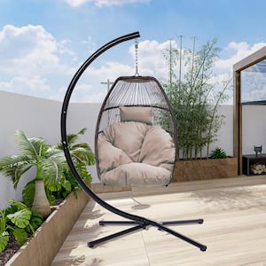 Rattan Wicker Folding Outdoor Patio Swing Egg Chair with Cushion, and Pillow-Beige Brown