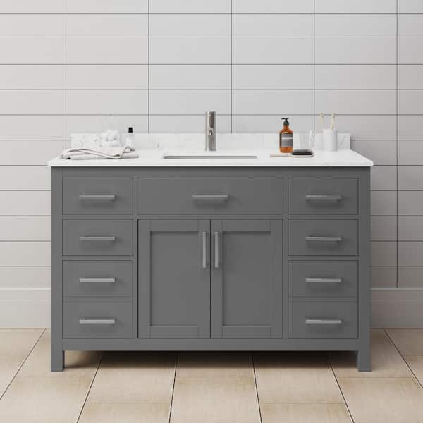 Wyndham Collection Beckett 54 in. W x 22 in. D Single Vanity in Dark Gray with Cultured Marble Vanity Top in Carrara with White Basin