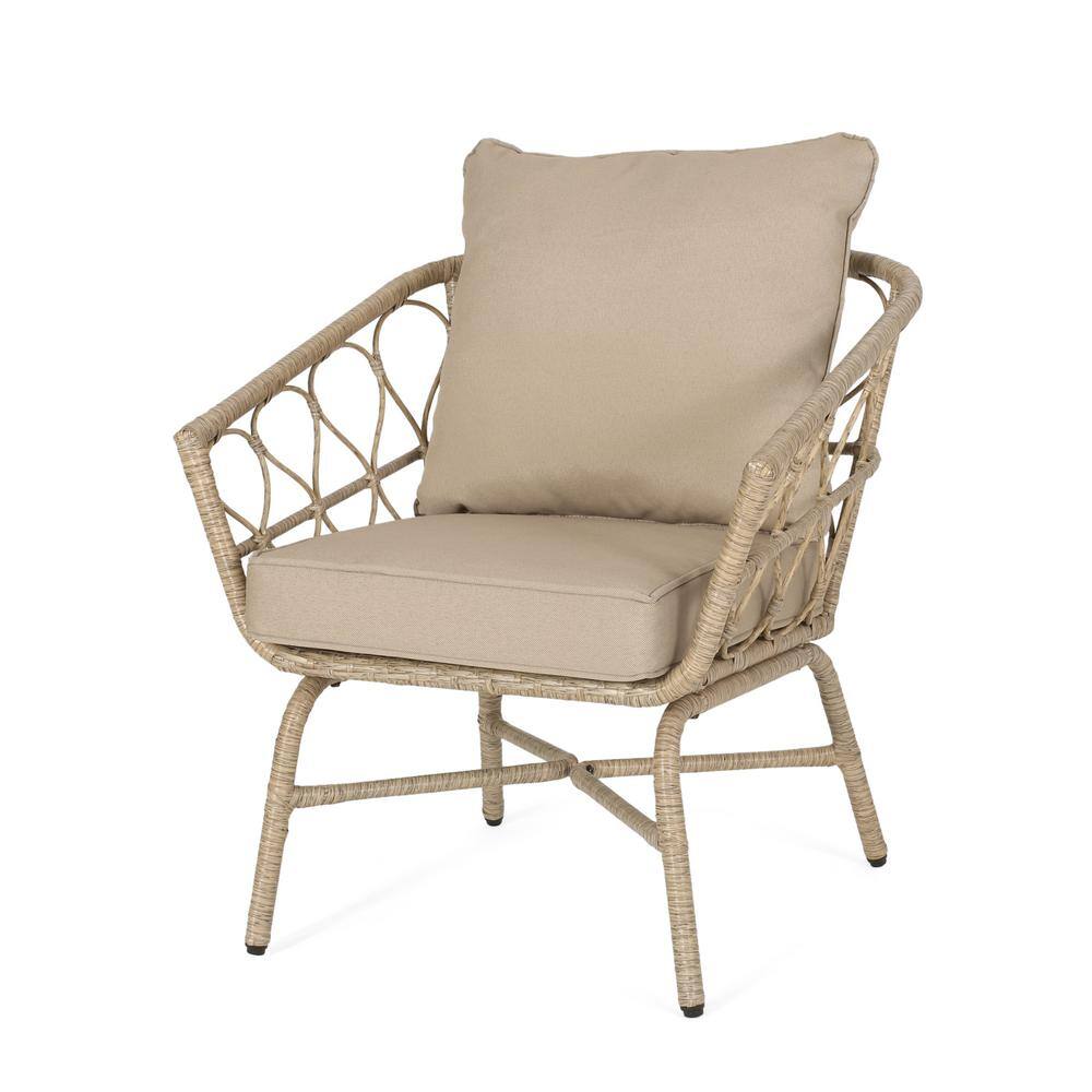 Beige Wicker and Iron Armchair Set with Cushions