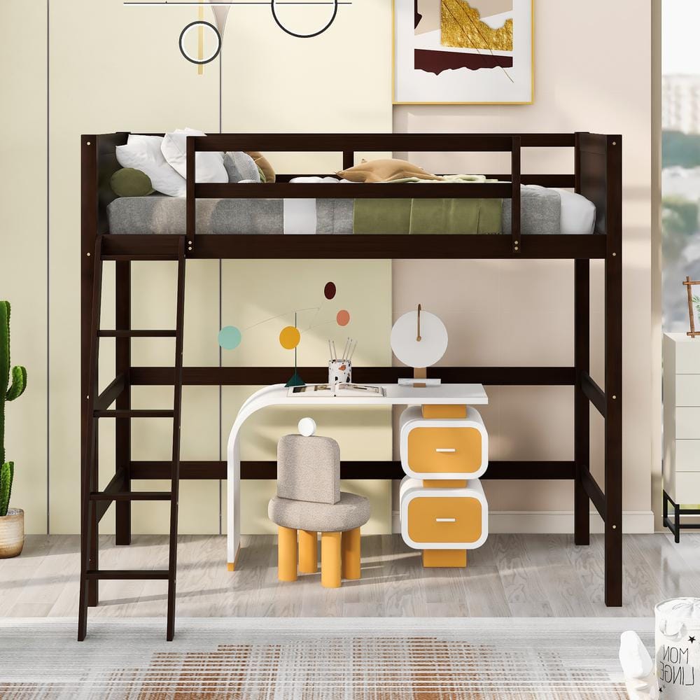 URTR Espresso Solid Wood Twin Size Loft Bed with Inclined Ladder and ...