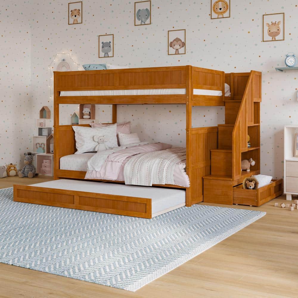 Dover Light Toffee Natural Bronze Solid Wood Frame Full Over Full Staircase Bunk Bed with Storage Drawer & Twin Trundle