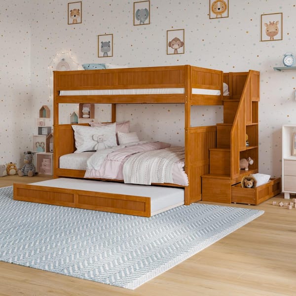 AFI Dover Light Toffee Natural Bronze Solid Wood Frame Full Over Full Staircase Bunk Bed with Storage Drawer & Twin Trundle