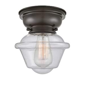 Oxford 7.5 in. 1-Light Oil Rubbed Bronze Flush Mount with Seedy Glass Shade