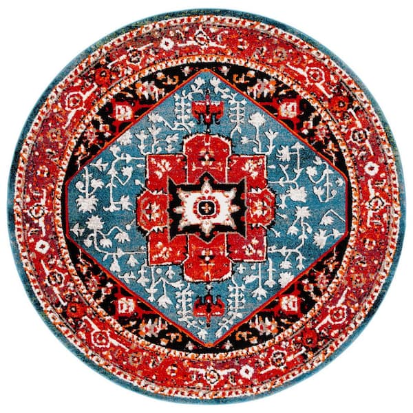 Vintage Hamadan 7 ft. x 7 ft. Red/Blue Medallion Ornate Round Area Rug