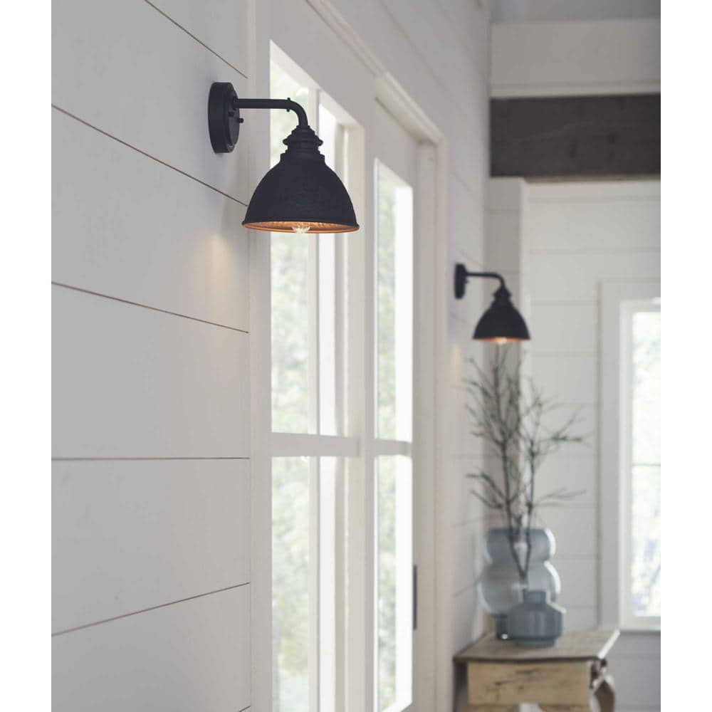 Modern Englewood 8'' Black Steel Wall Lantern with Copper Accents