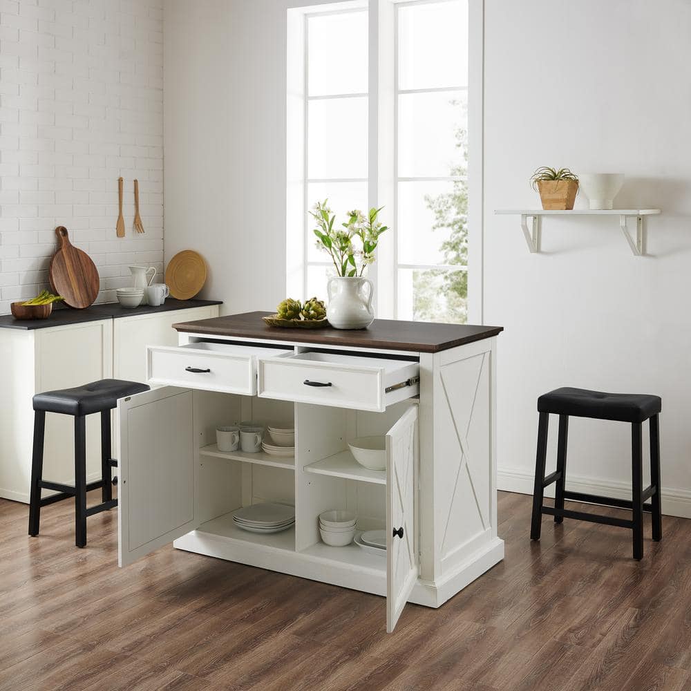 Distressed White Kitchen Island with Black Stools