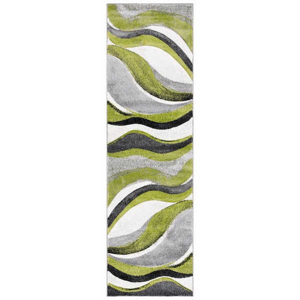 Hollywood 2 ft. x 10 ft. Gray/Green Gradient Waves Runner Rug