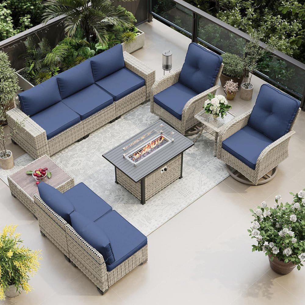 10-Piece Wicker Patio Conversation Set with Fire Pit Table and Top Table. Swivel Rocking Chairs with Navy Blue Cushions price history on PriceWatchPro