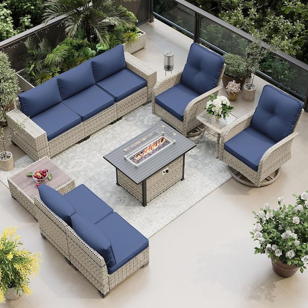 muphyers 10-Piece Wicker Patio Conversation Set with Fire Pit Table and Top Table. Swivel Rocking Chairs with Navy Blue Cushions