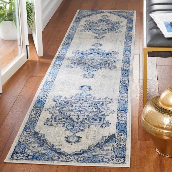 Brentwood 2 ft. x 9 ft. Blue/Light Gray Floral Medallion Ornate Runner Rug