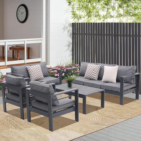 Unbranded 5 Piece Metal Aluminum Outdoor Patio Conversation Furniture Set with Tempered Glass Coffee Table with Gray Cushions