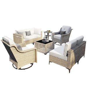 Thor 8-Piece Wicker Patio Conversation Seating Sofa Set with Gray Cushions and Swivel Rocking Chairs