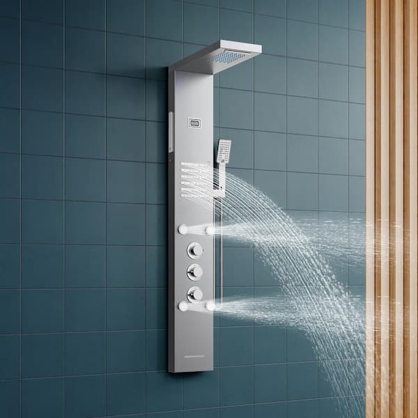 LED Rainfall Waterfall Shower Head Rain Massage System with Body Jets, Bathroom Shower Panel Tower System Brushed Nickel